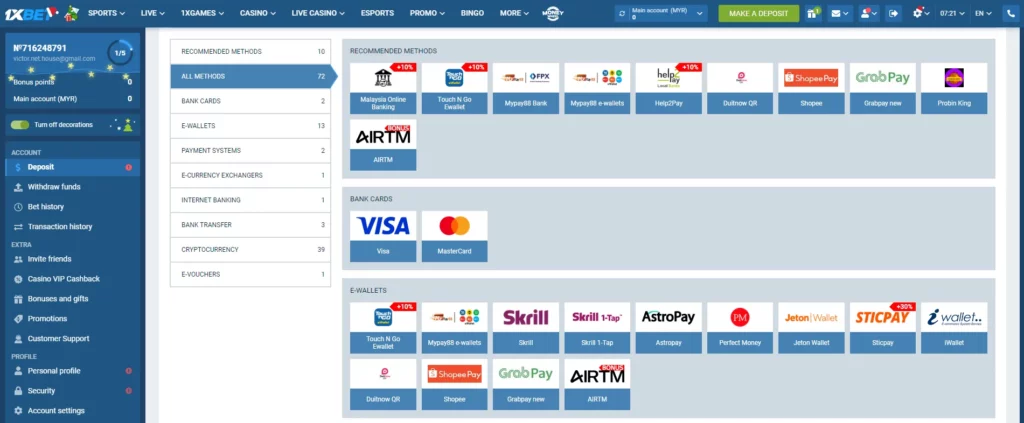 1XBet Deposit Methods in Malaysia